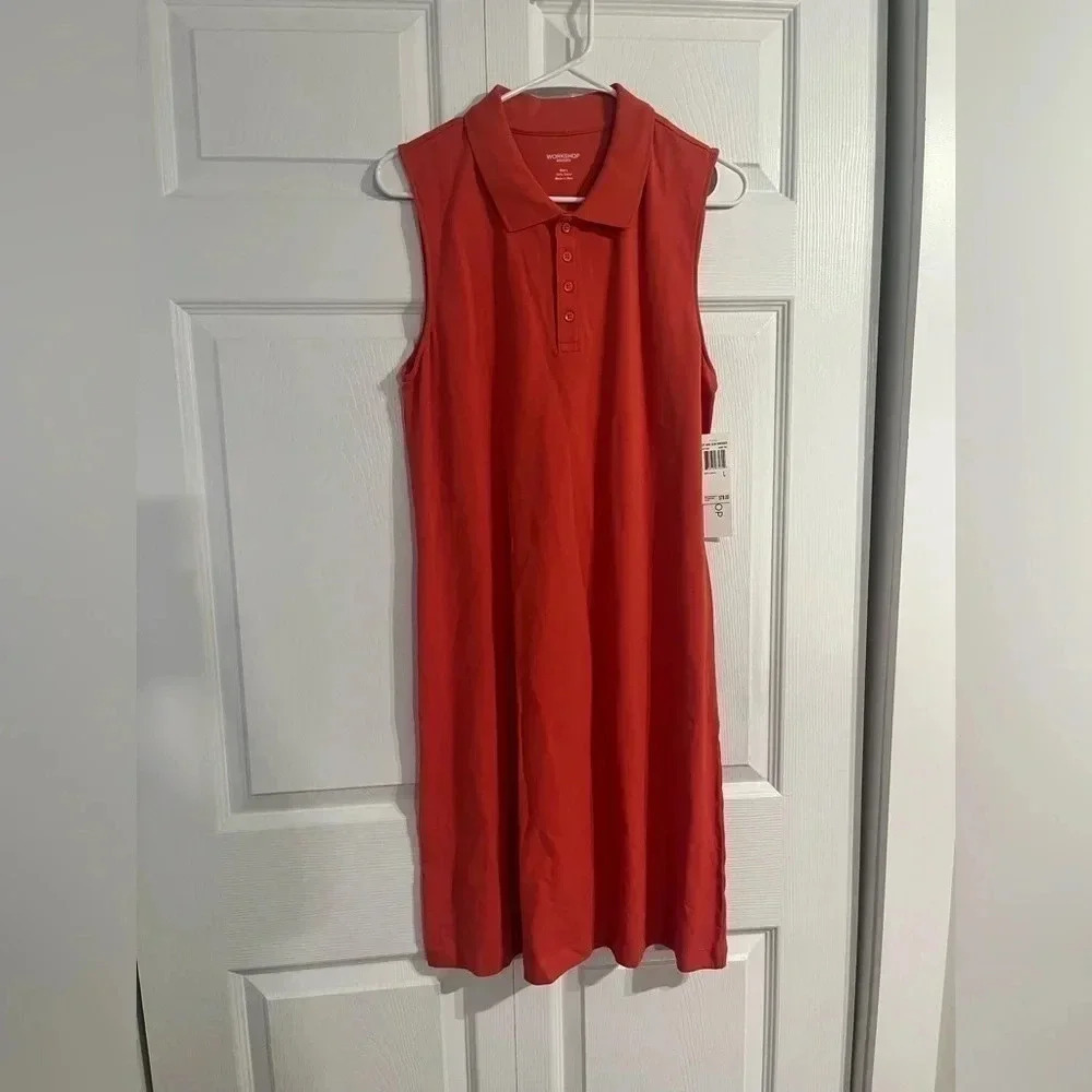 Sunset Red WORKSHOP Sleeveless COLLAR Cotton Knit POLO DRESS/Size Large NWT
